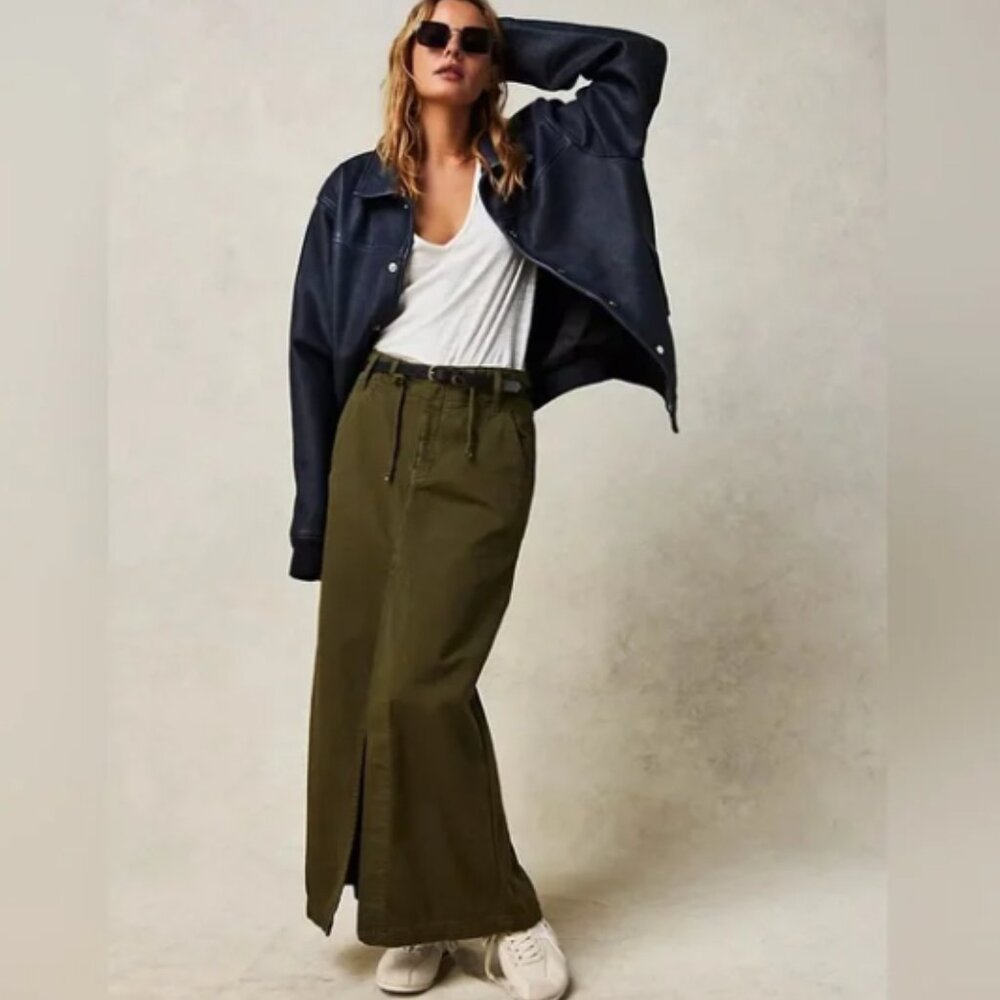 Free People Chino High Slit  Maxi Skirt High Waisted Green Size 12 NEW